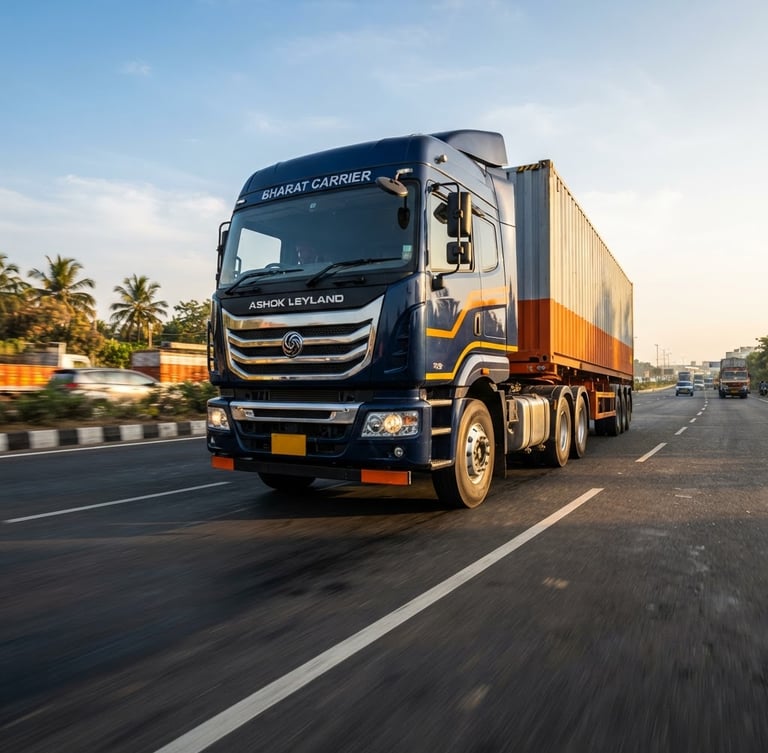 Hero low-angle shot of a clean modern heavy-duty transport truck on an Indian highway during crisp golden hour morning light, metallic surfaces reflecting sun, professional logistics.