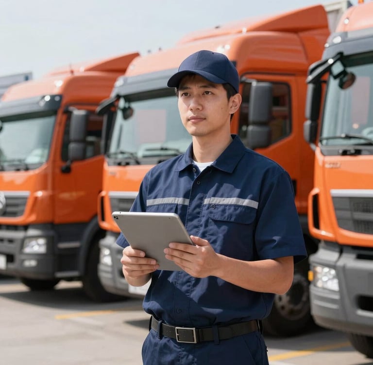 A professional transport coordinator in a clean uniform holding a tablet in front of modern cargo trucks, bright morning daylight, crisp focus.
