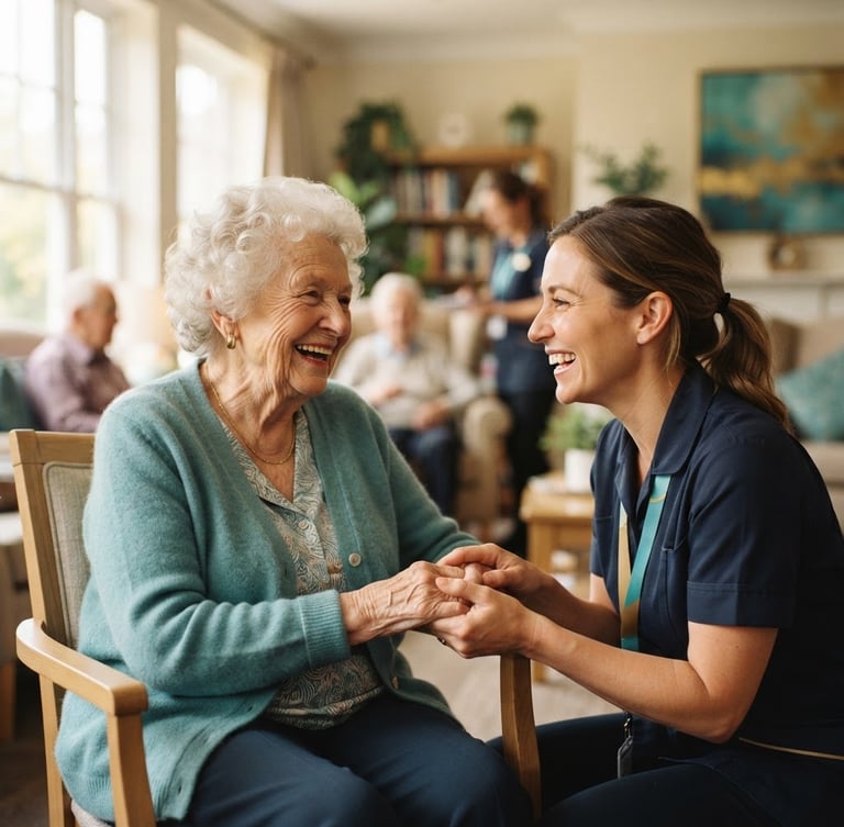 Warm interaction between a caregiver and a senior participant in a sunlit common area, both smiling, shallow depth of field, gentle teal and gold accents.