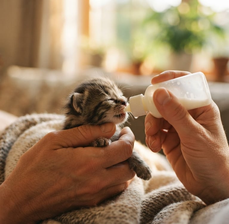 A close-up of gentle hands bottle-feeding a tiny neonatal kitten, soft morning light filtering through a window, warm tones, shallow depth of field.