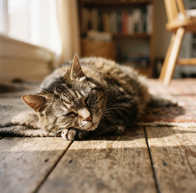 Warm sunlit documentary photograph of a calm senior cat resting in a golden sunbeam on a rustic wooden floor, shallow depth of field.