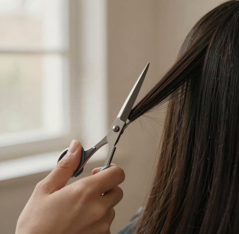 Close-up of a stylist's hands holding professional scissors, cutting a clean line on dark textured hair, soft natural window light, warm nude background, shallow depth of field, 35mm