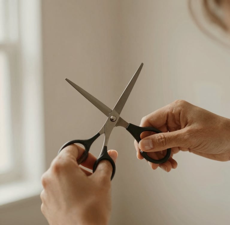 Close-up of a stylist's hands using professional scissors on soft hair, warm natural light, minimalist background
