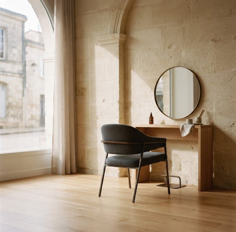 Muted warm editorial photography of a minimalist luxury salon interior in Libourne, soft natural window light casting gentle shadows on a beige stone wall, a single sleek styling chair, elegant negative space, 35mm