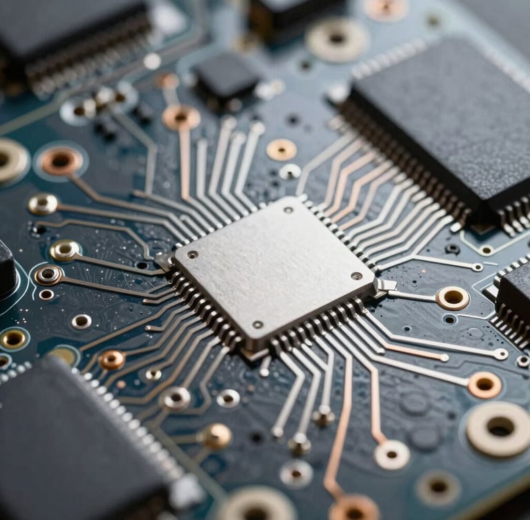 Close-up of a modern circuit board with silver and copper pathways, sharp focus, cool metallic tones, professional tech appraisal environment