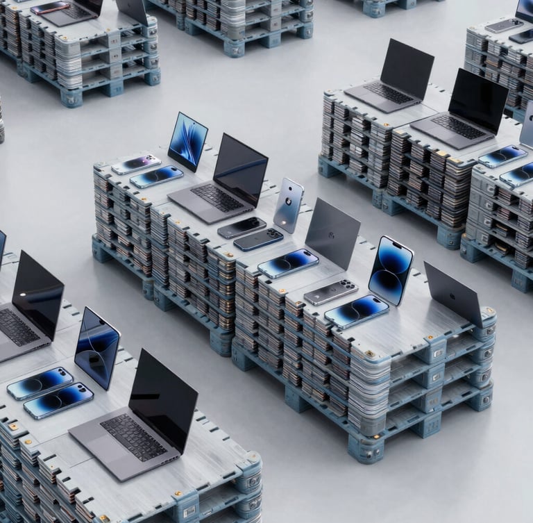 Crisp corporate tech photography, high-volume organized pallets of enterprise smartphones and laptops in a clean slate gray logistics facility, cool studio lighting, 35mm