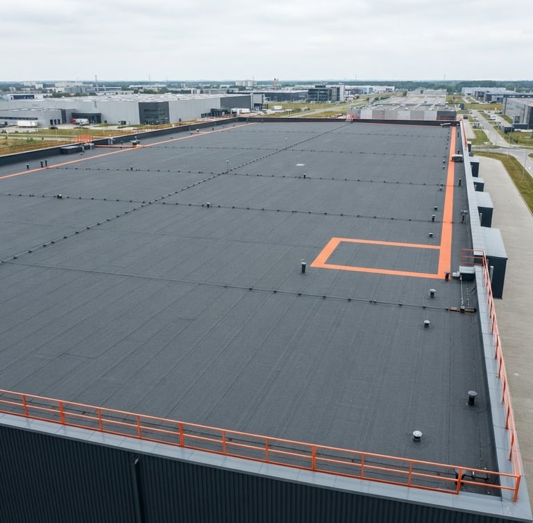 Wide-angle industrial drone shot of a perfectly finished clean flat roof with dark grey bitumen membrane, overcast daylight, sharp contrast, charcoal and safety orange tones, 35mm lens, high detail
