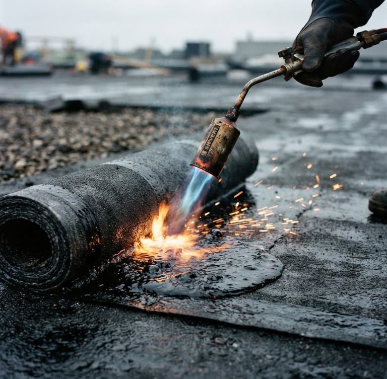 Close-up of a professional roofing torch flame melting a thick bitumen roll on a flat roof, safety orange sparks, dark charcoal background, industrial precision, overcast daylight, 35mm lens
