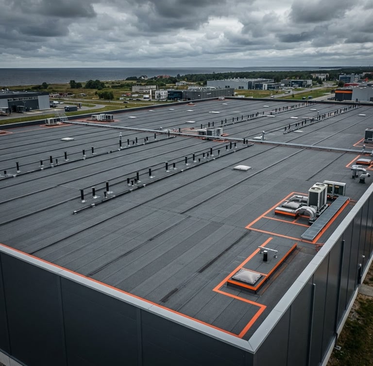 Drone shot of a massive finished industrial flat roof, clean gray bitumen rolls, perfectly straight seams, overcast Baltic sky, sharp contrast