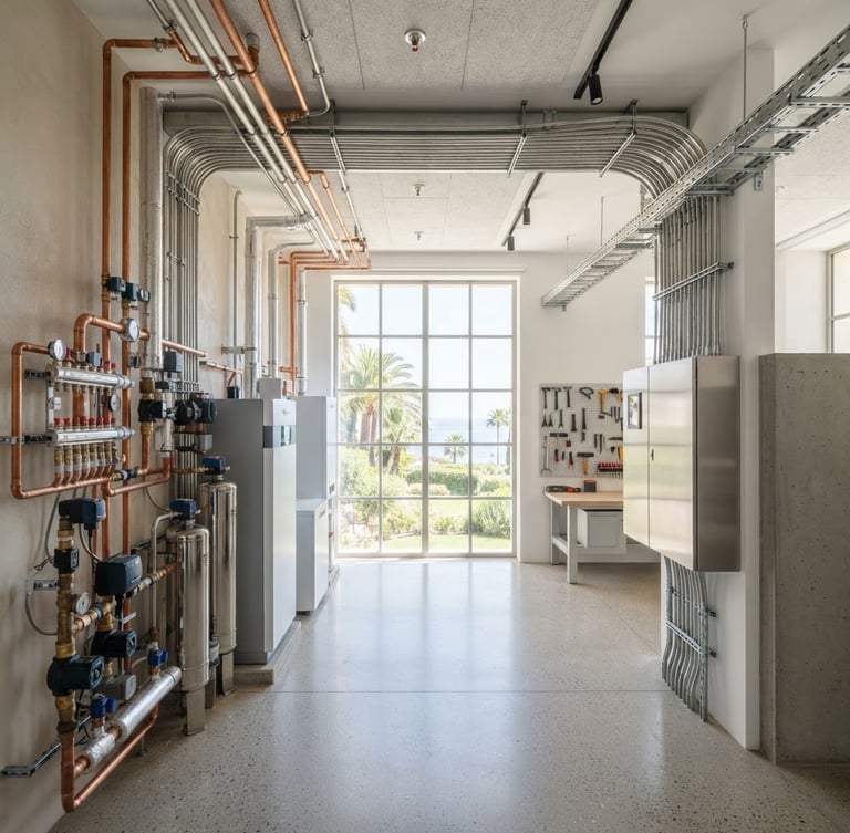 Pristine, architectural shot of a luxury mechanical room with neatly organized pipes and electrical conduits, bright coastal daylight, clean luxury interiors, sharp focus, high-end mechanical details, 35mm