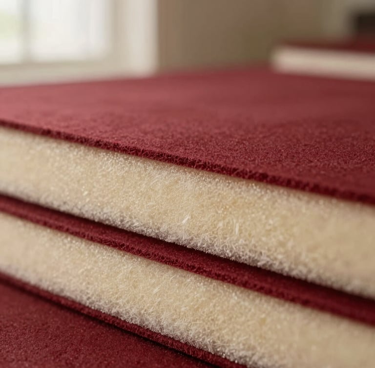 Macro close-up of premium high-density upholstery foam being layered with soft dacron, warm studio lighting, shallow depth of field