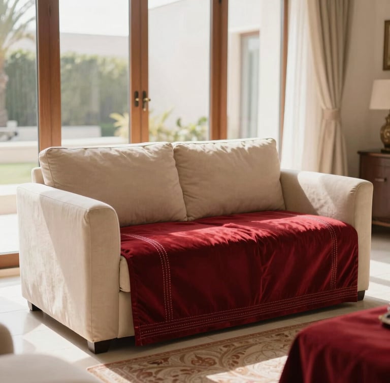 Warm editorial photography of a completed luxury custom Majlis seating arrangement inside a sunlit Dubai villa, rich crimson textiles, detailed stitching, soft natural window light, shallow depth of field, 35mm