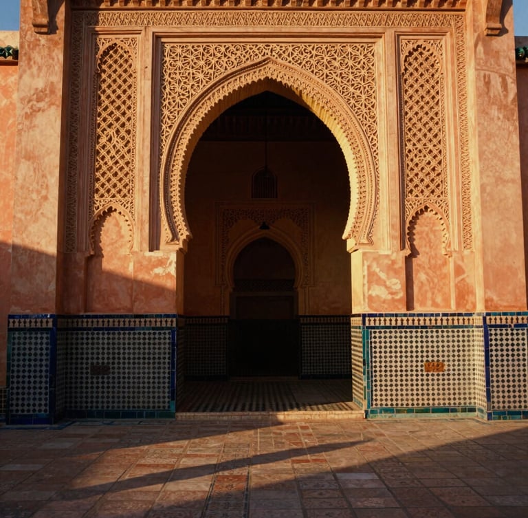 Wide-angle architectural shot of an intricate Islamic archway in Morocco, golden hour sunlight casting long shadows on terracotta mosaic tiles, 35mm film.