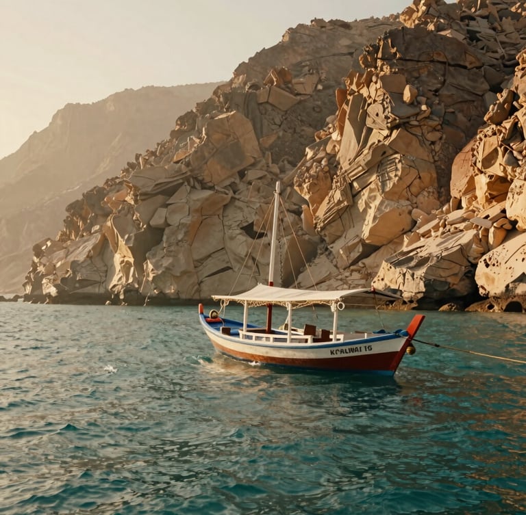 Panoramic view of a traditional Omani dhow boat sailing on the calm turquoise waters of Musandam fjords, high rocky cliffs in the background, warm hazy sunlight.