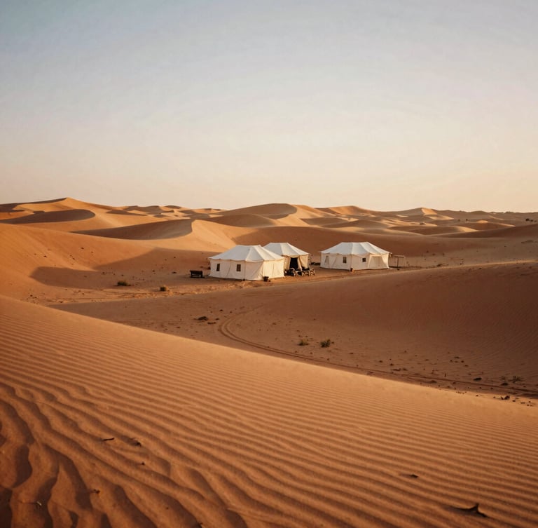Wide environmental shot of a luxury desert camp in Morocco at golden hour, warm terracotta dunes, soft sunlight, 35mm film.