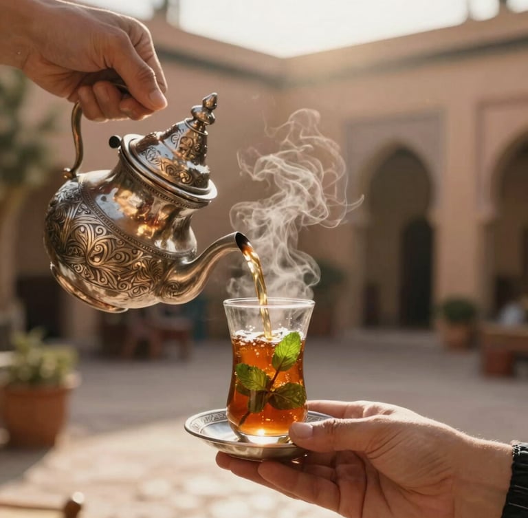 Close-up of hands pouring traditional mint tea from an ornate silver teapot into a glass, warm steam rising, soft morning light in a Moroccan riad courtyard