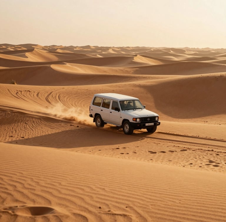Wide environmental shot of a luxury desert caravan moving slowly across golden sand dunes in Oman, warm sunset light, 35mm film, rich terracotta shadows