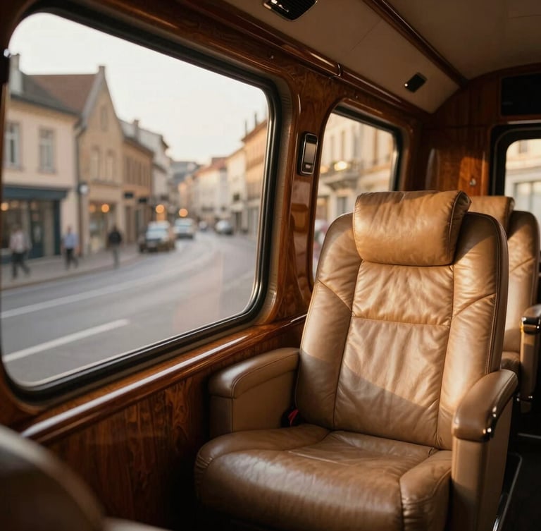 Interior of a luxury private transport vehicle, polished wood details, soft leather seats, view of historic European street through the window, warm sunlight.