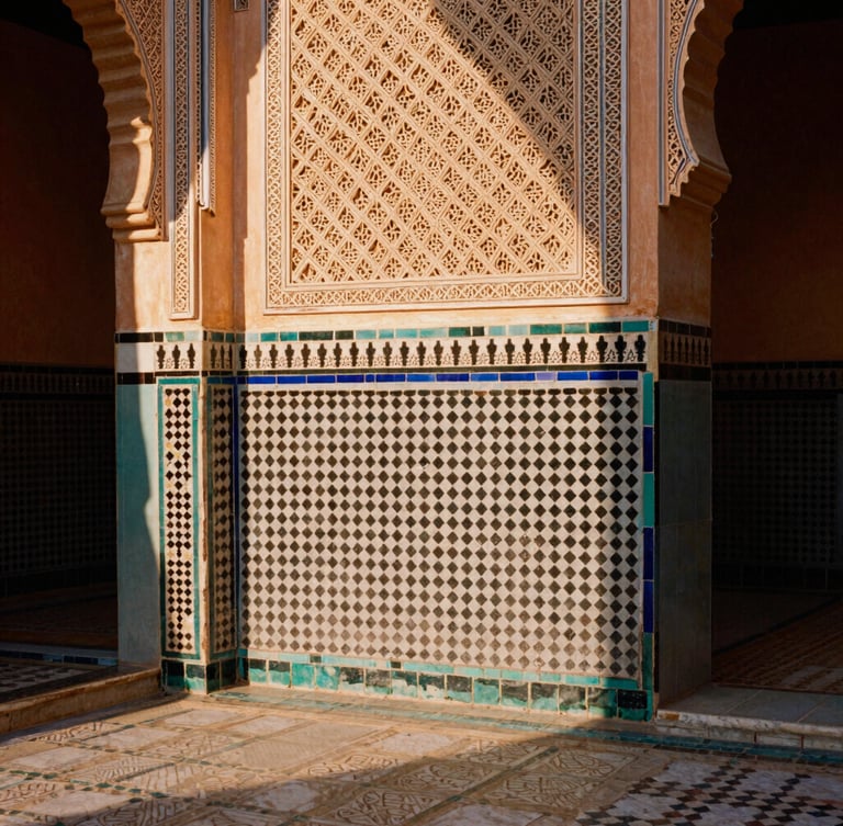 Intricate Islamic mosaic tiles on a courtyard wall in Marrakech, warm morning sunlight casting soft shadows across the geometric patterns, 35mm film.