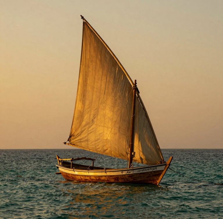 A tall portrait of a traditional wooden dhow sailing boat on the calm turquoise waters of Oman at sunset, dramatic golden hour light, warm saturated sand tones.