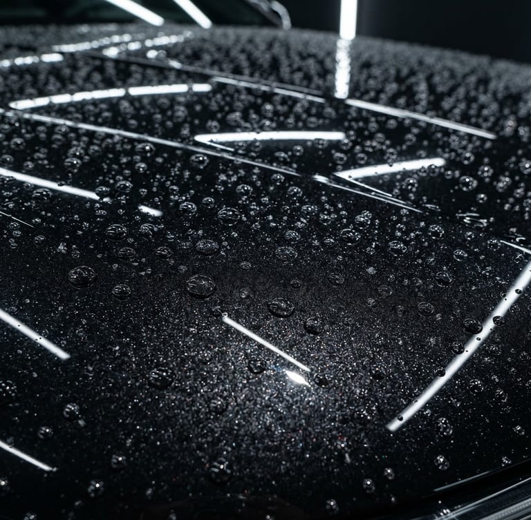 Extreme macro close-up of a deep metallic black car hood, razor-sharp LED light reflections showing zero swirl marks, water droplets perfectly beaded on ceramic coating, 35mm automotive studio photography.