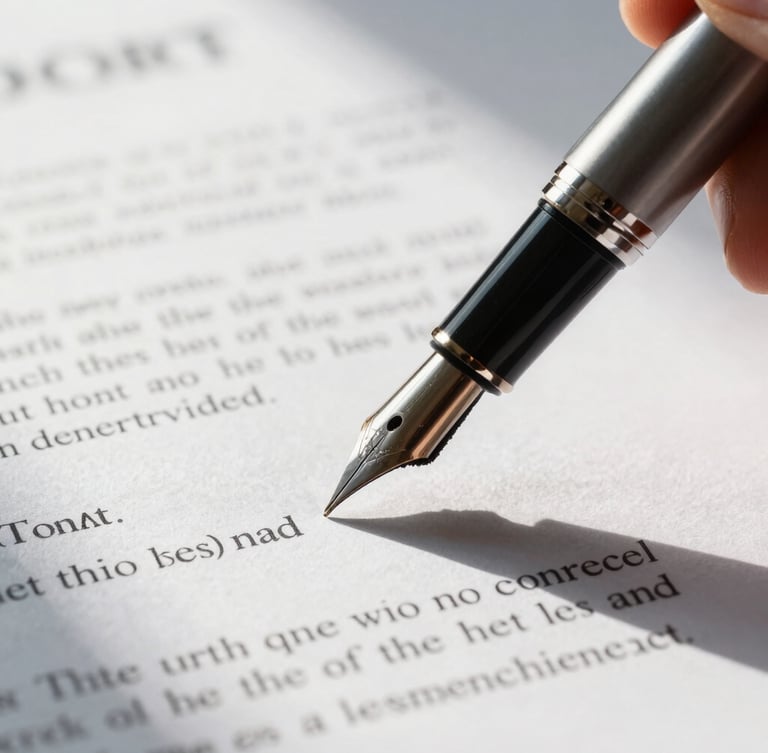 Macro shot of a high-end fountain pen signing a structured financial contract, sharp high-contrast architectural shadows, morning light, clean institutional aesthetic.
