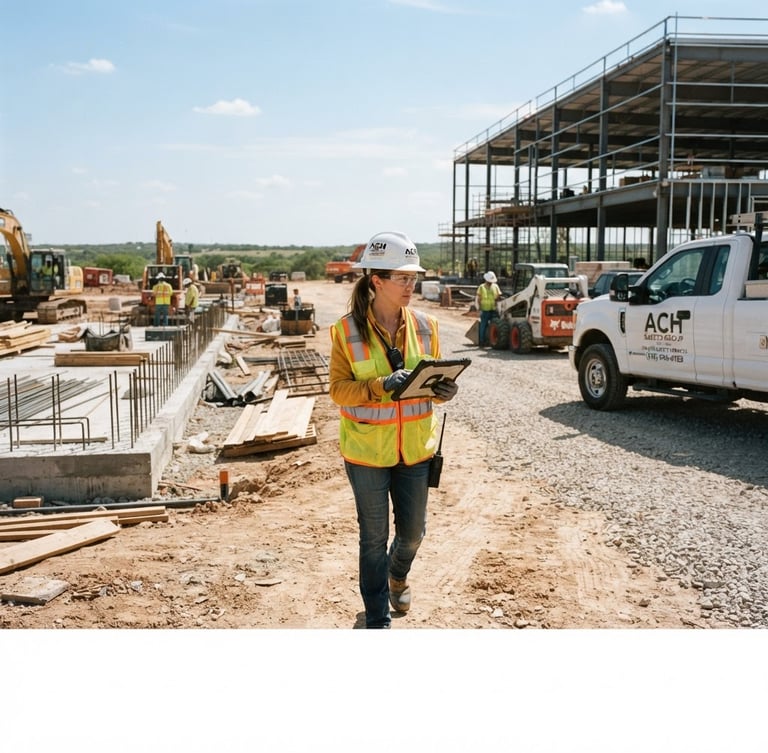 Wide environmental shot of a safety officer in high-visibility gear, hardhat, and safety glasses, actively inspecting a construction site in Texas under natural midday sun, branded ACH Safety Group truck visible in background.