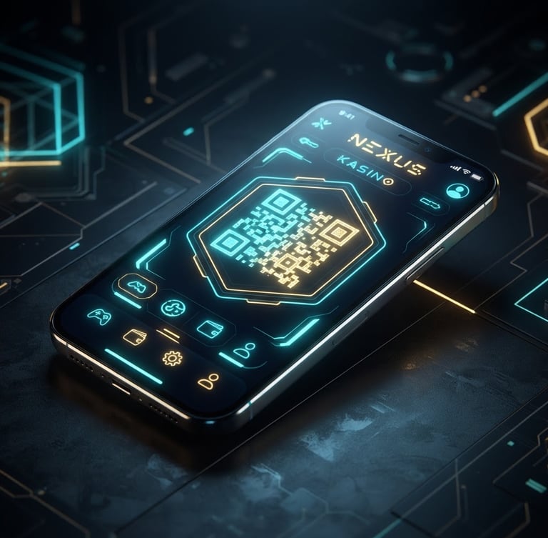 Sleek 3D render of a modern smartphone displaying Nexus Kasino app interface with a clear QR code for download, glowing neon cyan and gold accents, isometric view, dark background, high-contrast tech aesthetic.