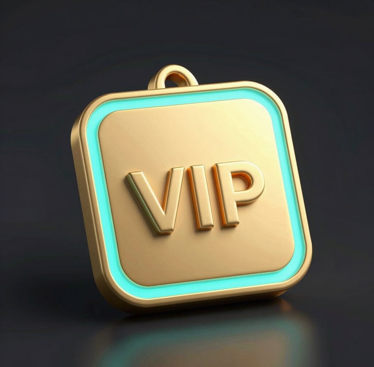 sleek digital 3d render, elegant golden VIP badge with glowing neon cyan accents, dark background, high-contrast tech aesthetic, isometric view