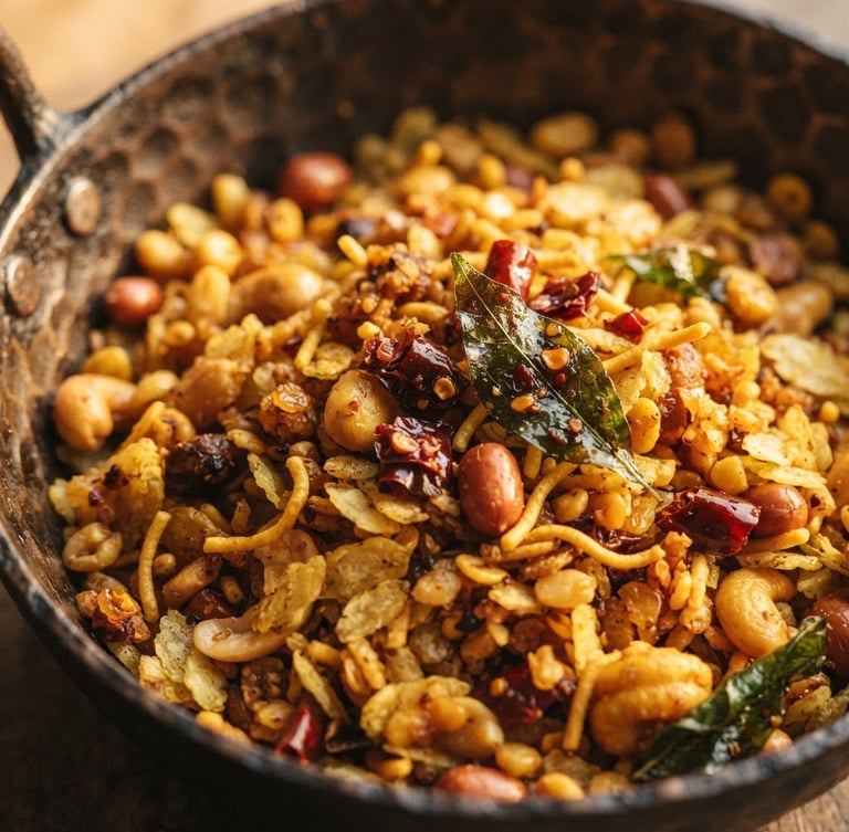 Macro texture shot of spicy golden Mixture in a rustic iron vessel, warm side-light highlighting individual red chili flecks and crisp curry leaves, shallow depth of field