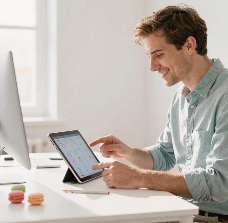 A friendly IT consultant explaining network configurations on a tablet in a bright, sunlit West Des Moines office, soft pastel accents, 35mm.