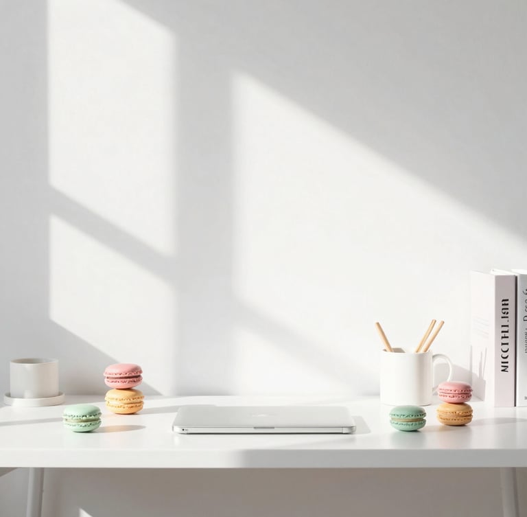 Bright minimalist workspace in West Des Moines with soft morning light, pastel macaron color accents, high-key lighting, clean modern hardware setup, 35mm.