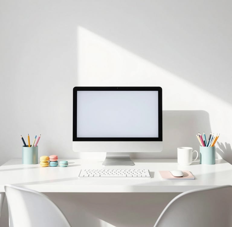 Bright modern office in West Des Moines with soft morning light, clean desk setup, colorful pastel desk accessories, high-key minimalist photography
