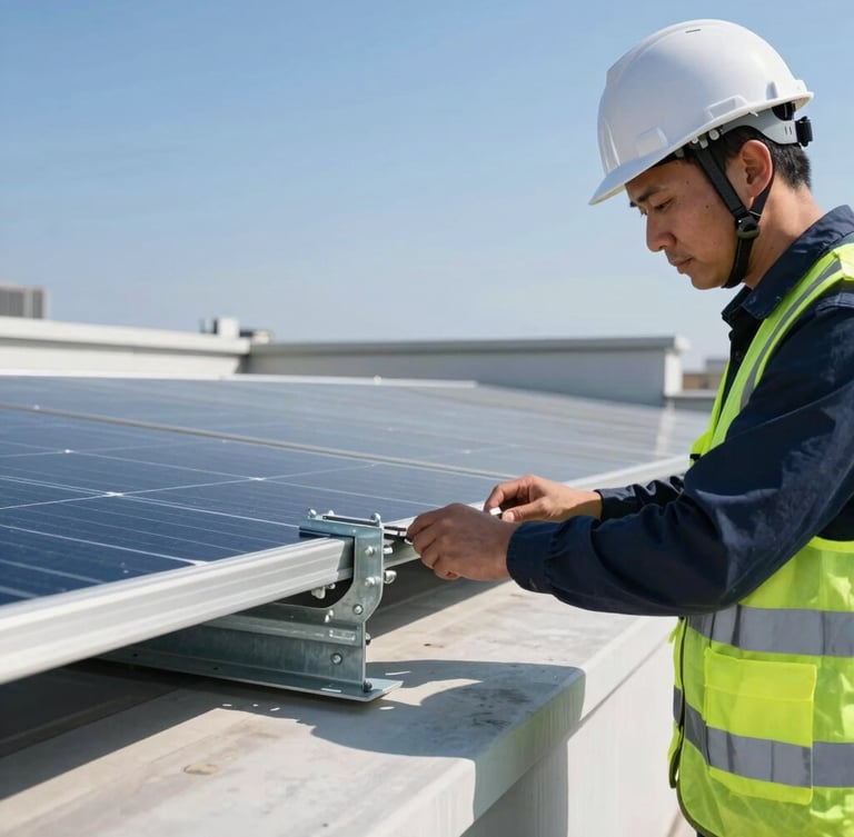 Close-up of a certified solar engineer in a high-visibility vest and hardhat inspecting heavy-duty galvanized steel mounting brackets on a rooftop installation under bright sunlight