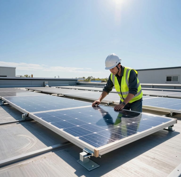 Crisp industrial photography of a solar engineer in a high-visibility vest and safety helmet inspecting a rooftop mounting structure, bright direct sunlight reflecting off metallic brackets