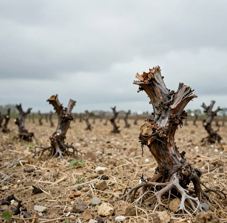 Vue panoramique rapprochée d'un sol crayeux et de racines de vigne dans la Côte des Blancs sous un ciel couvert et lumineux, détails minéraux, esthétique éditoriale épurée.