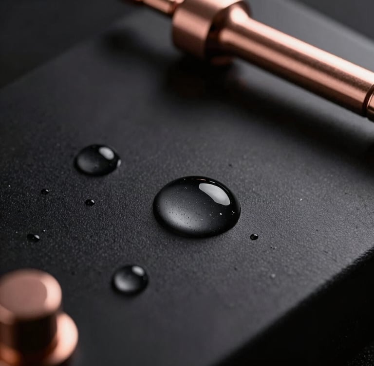 Close-up of clean water droplets on a smooth matte black surface with rose gold fixtures, dramatic low-key lighting, high contrast