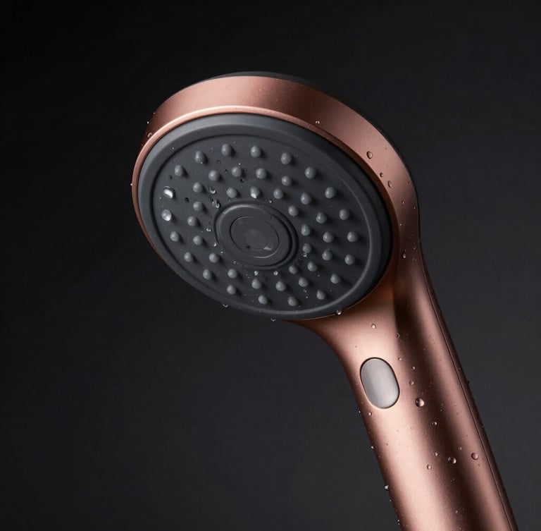 Macro shot of a sleek rose gold and matte black shower head with glowing water droplets, dramatic low-key studio lighting, high contrast, dark background