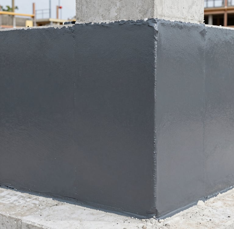 Crisp close-up of a seamless, dark slate-gray cured polyurethane protective coating on a concrete foundation wall, showing uniform texture and perfect adhesion, bright natural light