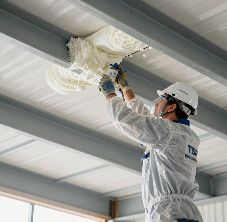 Medium shot of a certified TSR Solutions technician in full protective safety gear applying spray foam insulation to a high-ceiling commercial steel deck, bright natural daylight, clean execution, sharp focus
