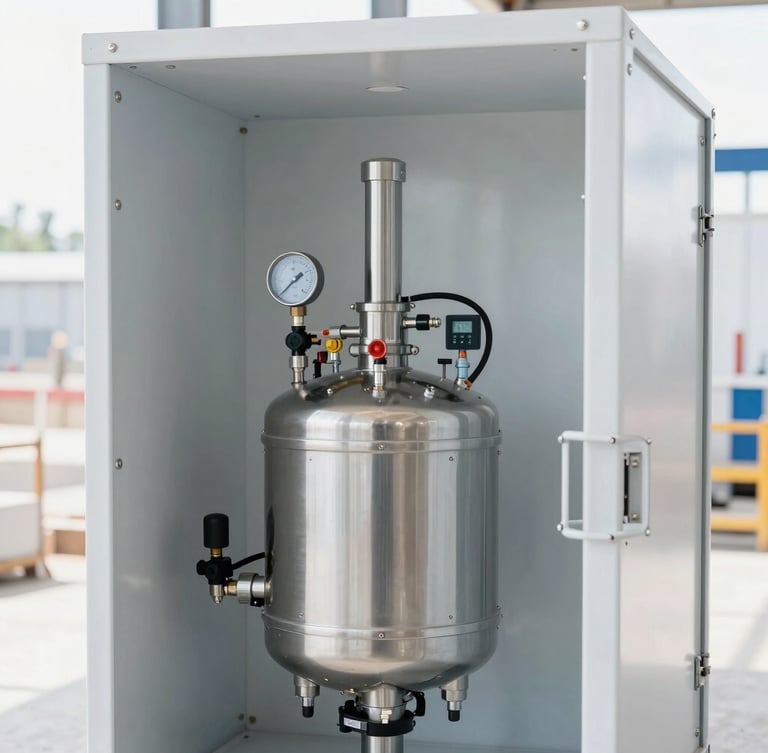 Crisp industrial photography of a clean mobile rig interior reactor, modern proportioners with digital gauges, bright natural construction-site light, cool slate and white tones, sharp focus, 35mm