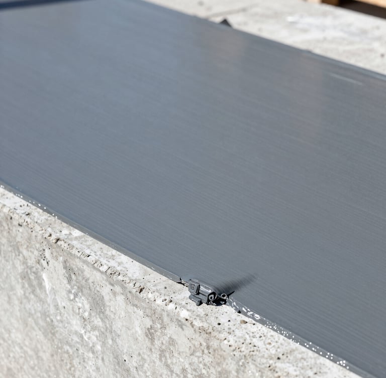 Macro close-up of a seamless, thick slate-gray polyurethane waterproofing membrane being precisely applied to a concrete foundation wall, bright daylight, sharp focus on the curing texture.