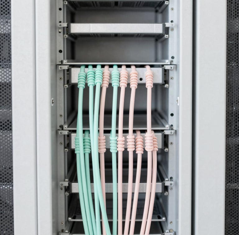Bright minimalist photography of clean, organized office server racks with soft mint and blush cable ties, high-key daylight, 35mm