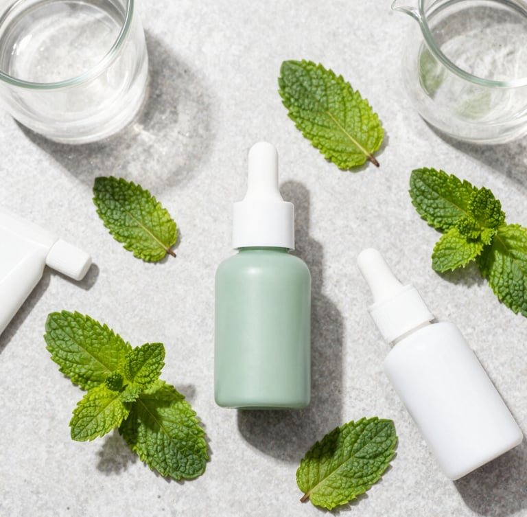 Top-down product flat-lay of organic dental ingredients, green mint leaves, clean laboratory glassware on a light grey stone surface, bright natural daylight