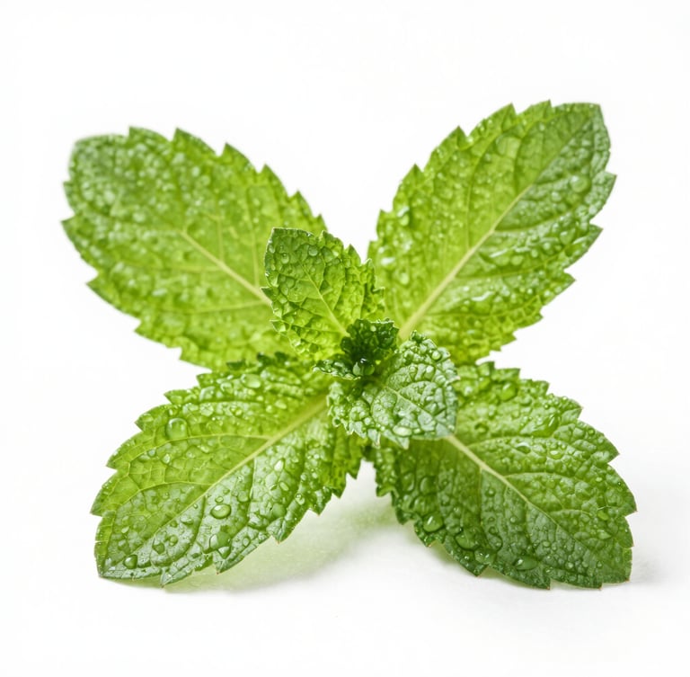 Macro photography of fresh green mint leaves with water droplets, bright diffused daylight, clean white background, clinical editorial style