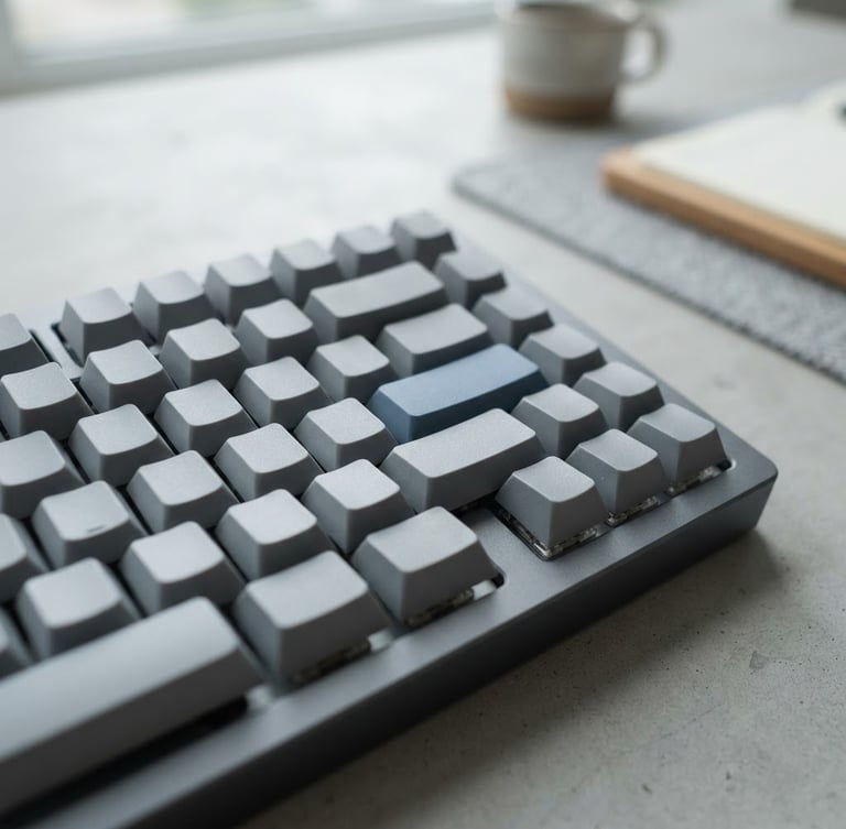 Macro shot of a sleek mechanical keyboard with cool gray keycaps and a single subtle blue accent key, soft diffused daylight, minimalist desk setup