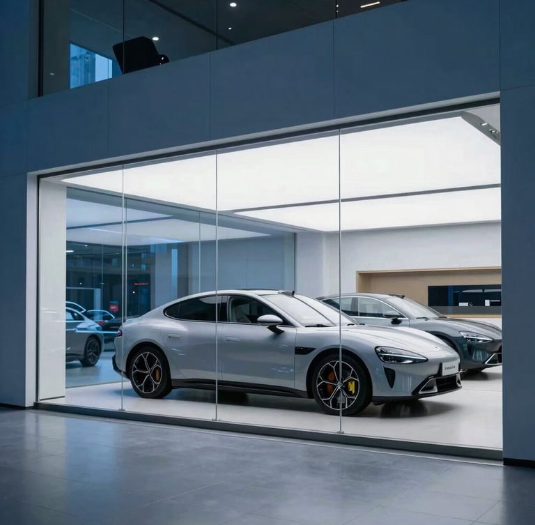 Sleek modern automotive showroom with clean glass facade, cool blue ambient lighting, sharp highlights, 35mm