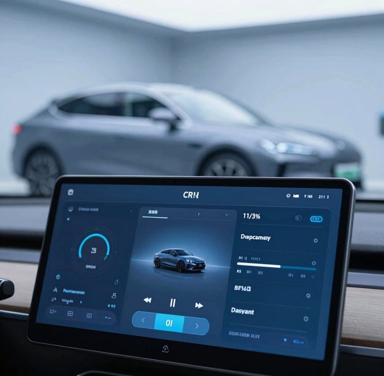 Tight macro shot of a modern automotive CRM dashboard on a tablet screen, cool blue ambient lighting, sleek car silhouette blurred in the background, 35mm
