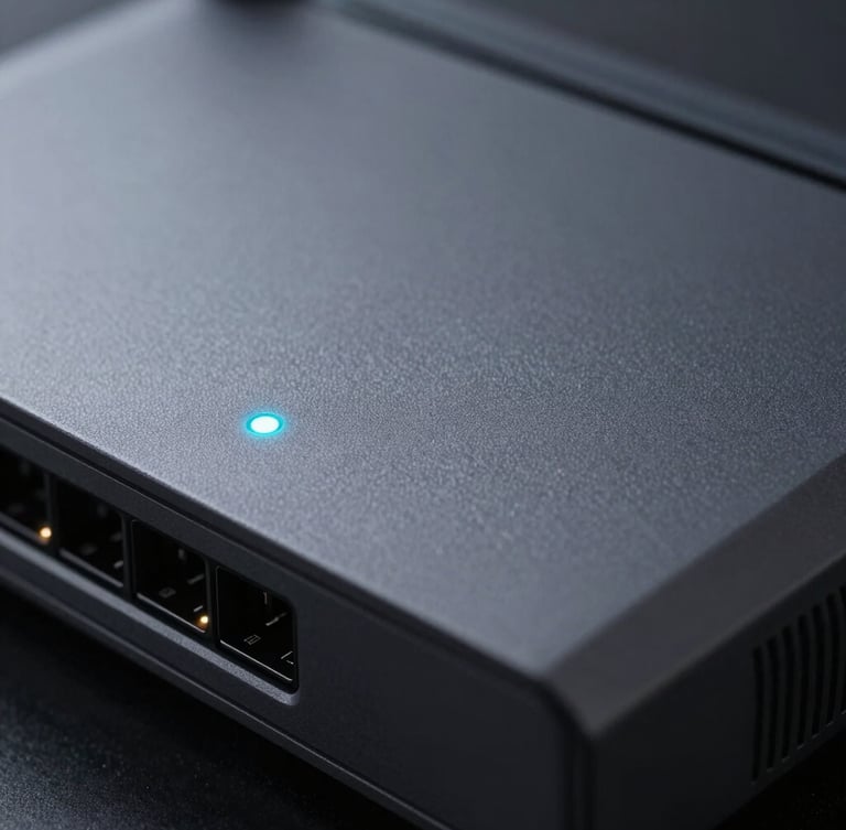 Macro shot of a sleek dark grey fiber router, sharp focus on a single glowing electric-cyan indicator light, cool low-key lighting, dark clean environment.