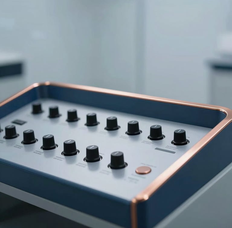 Close-up of a modern physical-digital controller interface inside a clean automated environment, soft diffused lighting, metallic copper accents, minimalist composition
